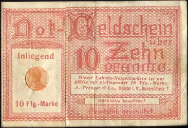 Timbre-monnaie Spezialhaus Utendorf à Münster - 10 pfennig Germania sur notgeld à fenêtre - dos