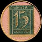 Timbre-monnaie Petto - Der Qualitäts jugendstiefel - Marke Petto - Gesetzlich geschützt - 15 pfennig bleu-vert sur fond rose - revers