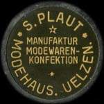 Timbre-monnaie S.Plaut - Modehaus. Uelzen - Manufaktur Modewaren-Konfektion - 5 pfennig rouge sur fond jaune - avers