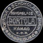 Timbre-monnaie Portola - schokoladefabrik - Magdeburg - schokolade - Portola - kakao - D.R.P. - 10 pfennig orange sur fond bleu - avers