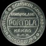 Timbre-monnaie Portola - schokoladefabrik - Magdeburg - schokolade - Portola - kakao - D.R.P. - 20 pfennig vert sur fond rose - avers