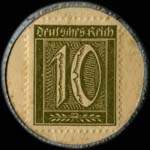 Timbre-monnaie de 10 pfennig olive sur fond jaune émis par Ruba-Seife à Wroclaw en Pologne (Breslau - ex-Allemagne) - avers