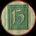 Timbre-monnaie Rubinstein - inh. s. Freund - Eisenhandlug - Bunzlau mark 26/27 type 2 - 15 pfennig bleu-vert sur fond vert - revers