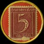 Timbre de 5 pfennig bordeaux sur fond rouge