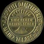 Timbre-monnaie J.&nbsp;Schmitt � Mainz - 10 pfennig olive sur fond bleu - avers