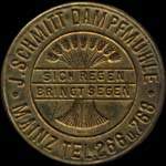 Timbre-monnaie J.&nbsp;Schmitt � Mainz - 15 pfennig bleu-vert sur fond rose - avers