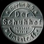 Timbre-monnaie Schuhhof Theodor David � Berlin - 15 pfennig bleu-vert sur fond grenat - avers