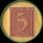 Timbre-monnaie Schürmanns Kaffee - Adolph Schürmann à Remscheid - 5 pfennig lie-de-vin sur fond jaune - revers