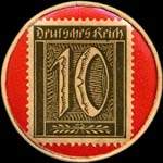 Timbre de 10 pfennig olive sur fond rouge