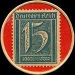 Timbre de 15 pfennig bleu-vert sur fond rouge