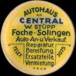 Timbre-monnaie Autohaus Central W. Stüpp à Foche-Solingen - 15 pfennig bleu-vert sur fond brun - avers