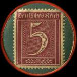 Timbre-monnaie L. Tietz à Coblenz type 4 - 5 pfennig bordeaux sur fond vert - revers