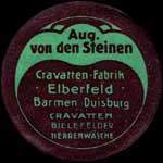Timbre-monnaie Aug. Von Den Steinen - Cravatten-Fabrik - Elberfeld - Barmen - Duisburg - Cravatten - Bielefelder - Herrenwäsche - 15 pfennig bleu sur fond rose - avers