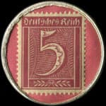 Timbre de 5 pfennig lie-de-vin sur fond rouge