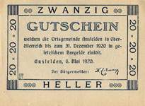 Timbre-monnaie (gutschein) - Ansfelden - Gustchein tamponn� de 20 heller - dos