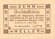 Biefmarkengeld Ansfelden - 10 heller - timbre-monnaie - encased stamp - gutschein - back