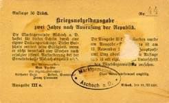 Biefmarkengeld Aschach - 185 heller - timbre-monnaie - encased stamp - gutschein - back