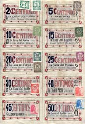 Planche de 10 timbres-monnaie - 2 à 50 centimos - Casa del Pueblo - Casas Ibanez - Espagne - dos