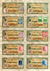 Planche de 10 timbres-monnaie - 5 à 60 centimos - Casa del Pueblo - Tarragona - Espagne - dos