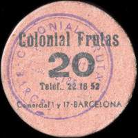 Carton-monnaie 20 centimos - Colonial Frutas - Tel�f. 22.16.52 - Comercial 1 y 17 - Barcelona - Espagne - avers