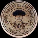 Carton moneda Madrid - 1937 - Arganda - 45 centimos - timbre-monnaie de fantaisie - Espagne - avers