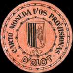 Carton moneda Olot 1937 - 15 centimos - timbre-monnaie de fantaisie - Espagne - avers