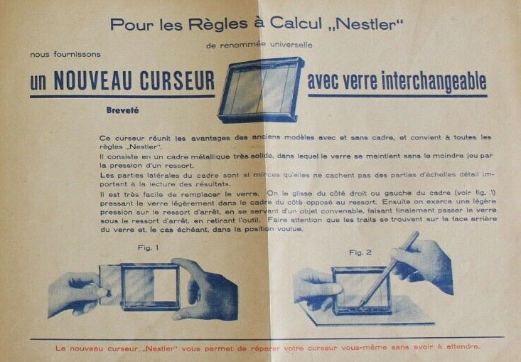 Un nouveau curseur avec verre interchangeable pour les r�gles � calcul Nestler