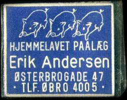 Timbre-monnaie Hjemmelavet Paal�g - Erik Andersen - �sterbrogade 47 - Tlf. �bro 4005 - 1 &oslash;re sur fond bleu - Danemark - avers