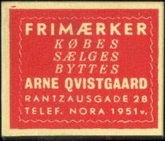 Timbre-monnaie Frim�rker - K�bes - S�lge - Byttes - Arne Qvistgaard - Rantzausgade 28 - Telef. Nora 1951 v. - 1 &oslash;re sur fond rouge - type 1 sans fl�che - carton jaune - Danemark - avers