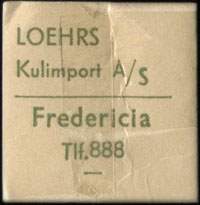 Timbre-monnaie Loehrs - Kulimport A/S - Fredericia Tlf.888 - 1 øre sur carton beige - Danemark - avers