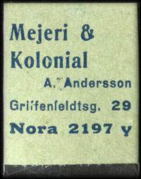 Timbre-monnaie Mejeri & Kolonial - A. Andersson - Griffenfeldtsg. 29 - Nora 2197 y - 1 øre sur carton vert-ple - Danemark