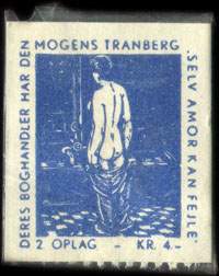 Timbre-monnaie Deres boghandler har den Mogens Tranberg selv amor kan fejle - 2 oplag - kr 4 - 1 øre avec motif bleu sur carton blanc - Danemark