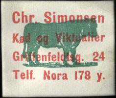 Timbre-monnaie Chr. Simonsen - Kød og Viktualier - Carton blanc - caractères en rouge - type 2 - Danemark