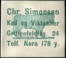 Timbre-monnaie Chr. Simonsen - Kød og Viktualier - Carton blanc - caractères en vert - type 2 - Danemark