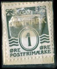 Timbre-monnaie Kob Deres fr&oslash; i Svendlassens-Fr&oslash;handel A/S N&oslash;rregade 6 Byen 7353 - 1 &oslash;re sur carton blanc - fond vert - Danemark - revers